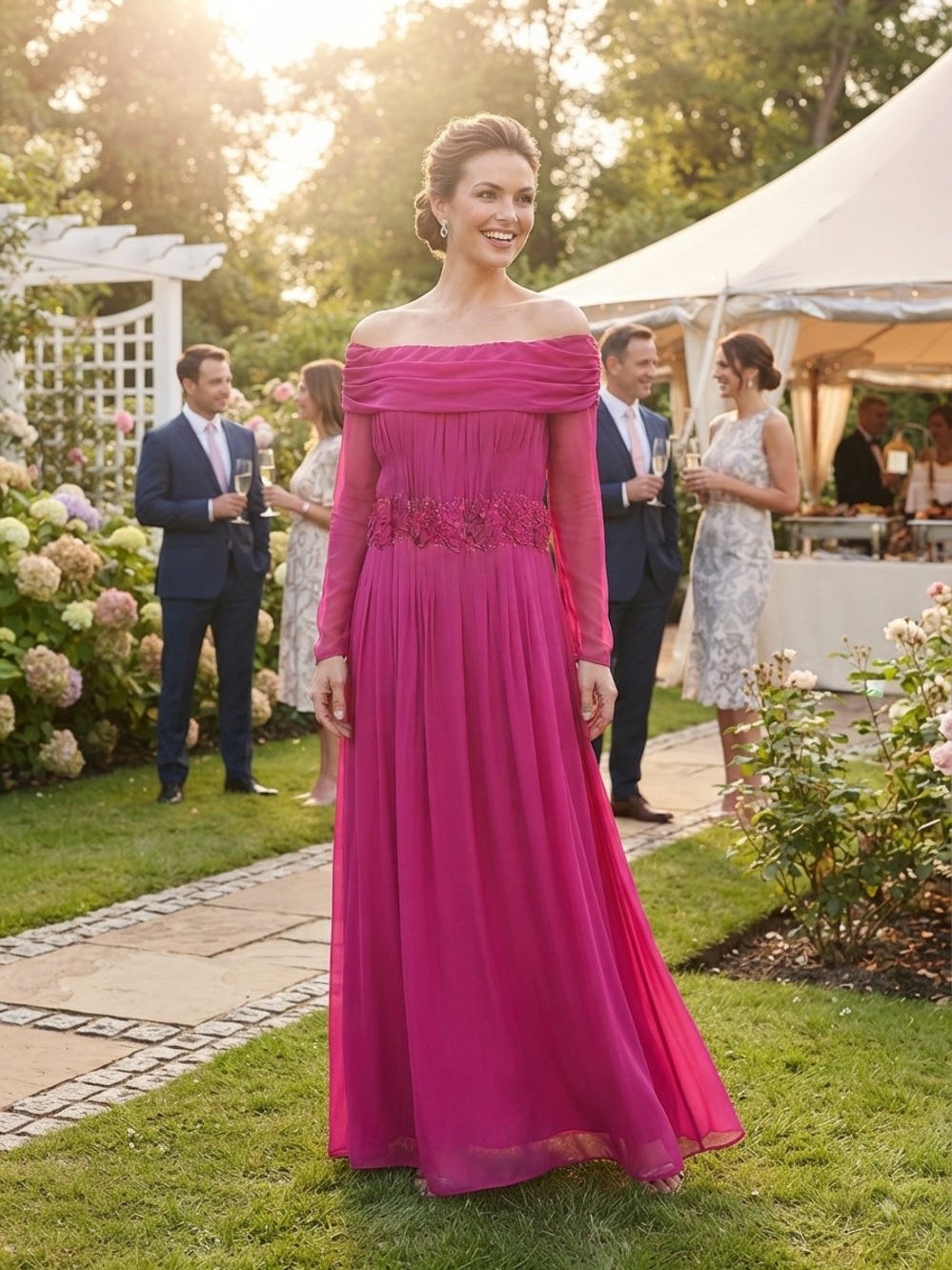 Rene Ruiz Off-Shoulder Fuchsia Maxi Gown